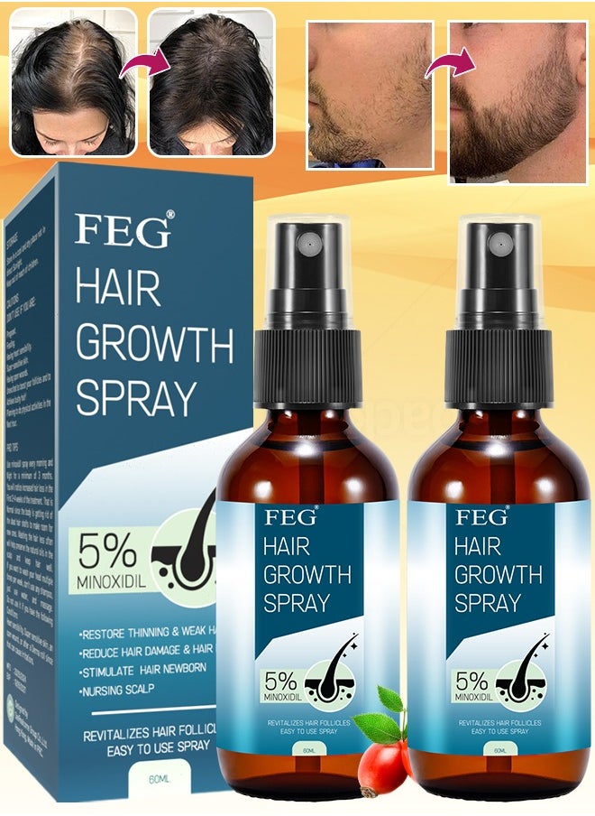 FEG - 2 Pcs Hair Growth Spray 5% Minoxidil Hair Growth Oil Spray for Dry Damaged Hair and Growth Hair Scalp Oil Pure and Natural Hair Growth Serum Spray Hair Loss Treatment Oil Beard Growth Spray 60ml x 2 - Image 1