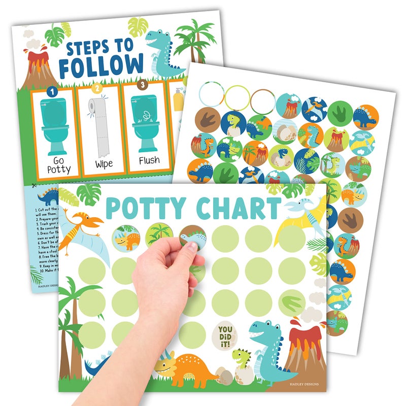 Hadley Designs Potty Training Chart for Boys with Fun Reward Stickers 10 Potty Chart for Toddlers Girls 85x11 Potty Training Sticker Chart for Toilet Success Dinosaur Reward Chart for Kids