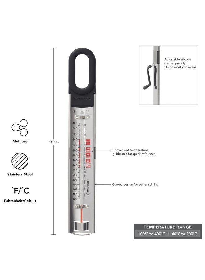 KitchenAid KQ907 Curved Stainless Steel Paddle Style Candy and Deep Fry Thermometer with pan clip, TEMPERATURE RANGE: 100F to 400F, Black - Image 1