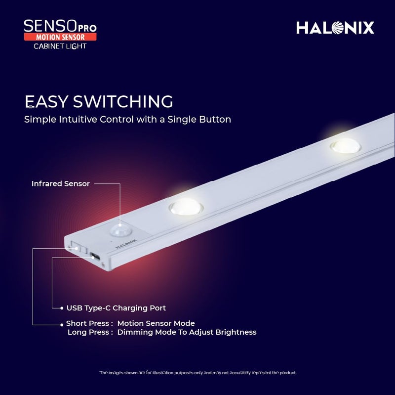 Halonix 4 Led Dimmable Rechargeable Motion Sensor Cabinet Light | USB-C Charging | Motion Sensor Light | No Wiring No Drilling | 120° Motion Detection | Dimmable Warm Yellow Cabinet Light – Pack of 10 - Image 4