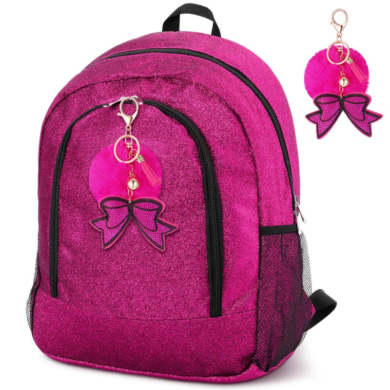 Noveread Large Cheer Backpack with Bow Keychain Cheerleading Glitter Backpack Cheerleaders Gift Cheer Bags for Sport(Hot Pink) - Image 1