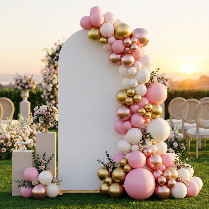 CludPark Arch Backdrop Stand and Cover Set, 7.2 x 4FT Gold Metal Wedding Arch for Ceremony, Heavy Duty Balloon Arch Stand with White Spandex Cover for Birthday Party, Baby Shower, Graduation, Event Decor - Image 1