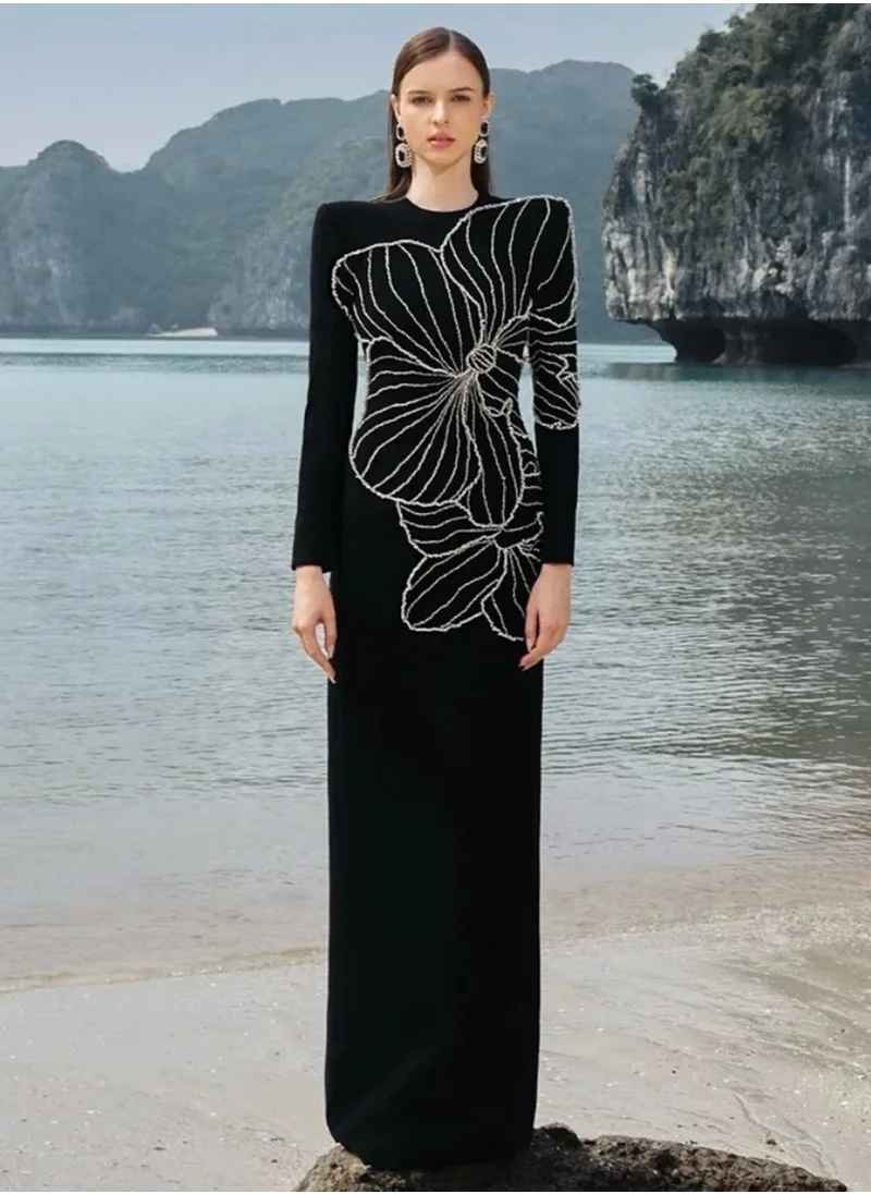 Madam Uniq New Elegant Long Sleeve Embroidered Evening Dress with Beaded and Rhinestone Details