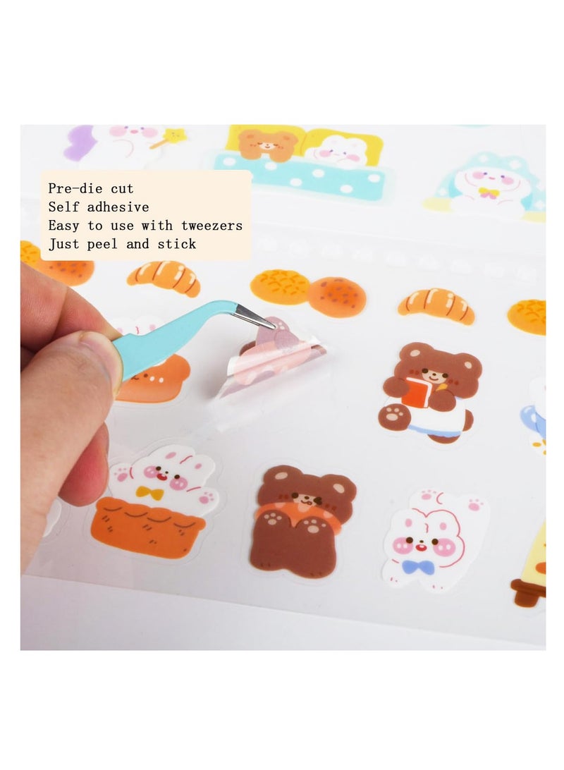 Excefore Cartoon Bear Rabbit Stickers, 50 Sheets Kawaii Coil Sticker Book, PET Transparent Bunny Scrapbook, Waterproof Decals with Tweezers for Kids DIY Journaling - Image 5