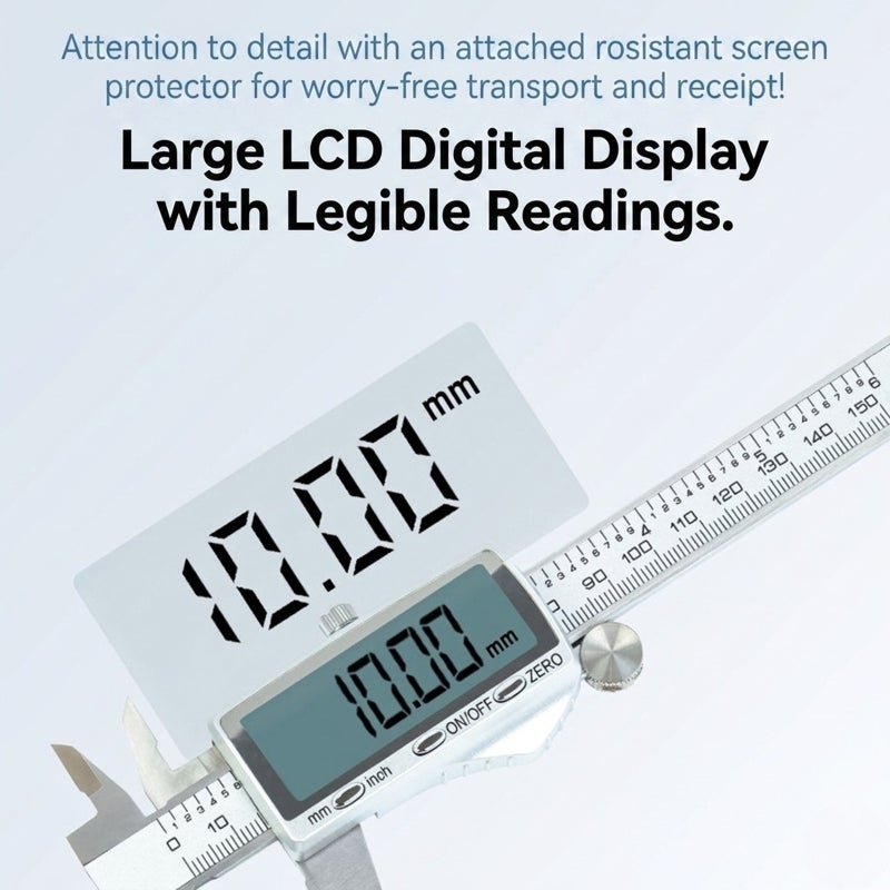 ميكرونومتر رقمي قابلة لإعادة الشحن، مقاس 6 بوصة / 150 مم، ميزته شاشة LCD ضخمة مصممة بإضاءة خلفية، واتصال تلقائي بالغاء، وقياس بوحدة البوصة/المليمتر، ومصنوع من الفولاذ المقاوم للصدأ، مثالي لمشاريع التصنيع الذاتي، ورعاية الأخشاب، والذهب والفضيات، وطباعة ثلاثية الأبعاد - Image 3