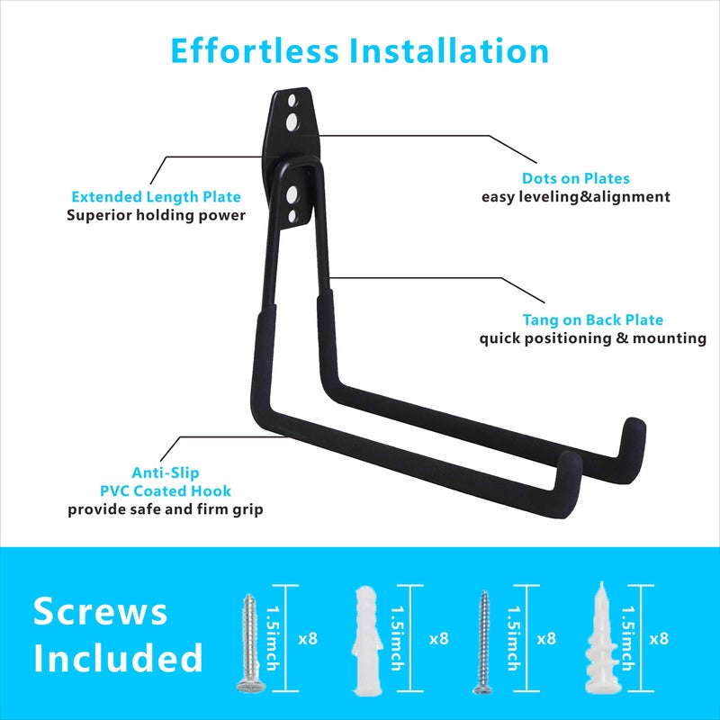 SMARTOLOGY Garage Hooks, 4 Pack Wall Mount Storage Hanger with 2 Extension Cord Holder Organizer, Heavy-Duty 7.5 inch Long Hooks for Ladder, Ski, Sports, Utility, Garden Tool, Hose Storage Rack Organizer - Image 2