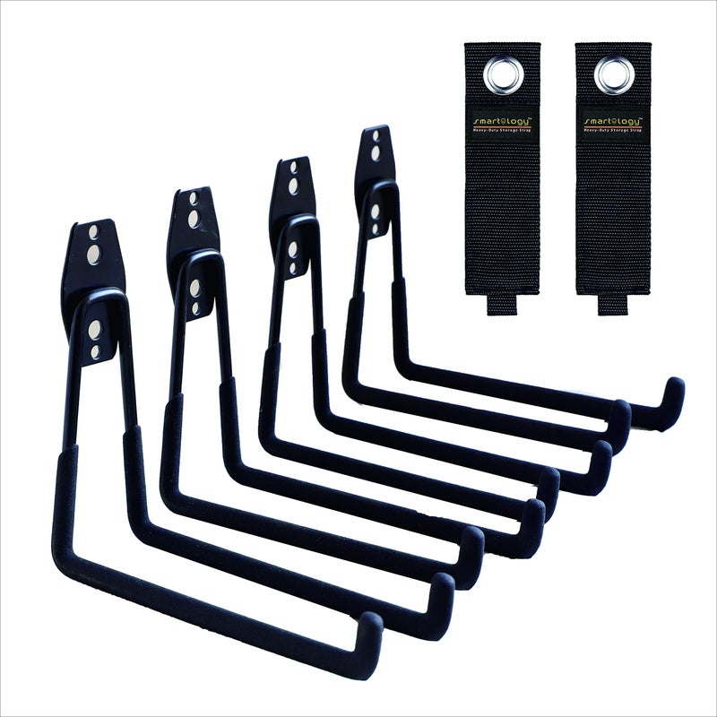 SMARTOLOGY Garage Hooks, 4 Pack Wall Mount Storage Hanger with 2 Extension Cord Holder Organizer, Heavy-Duty 7.5 inch Long Hooks for Ladder, Ski, Sports, Utility, Garden Tool, Hose Storage Rack Organizer - Image 1