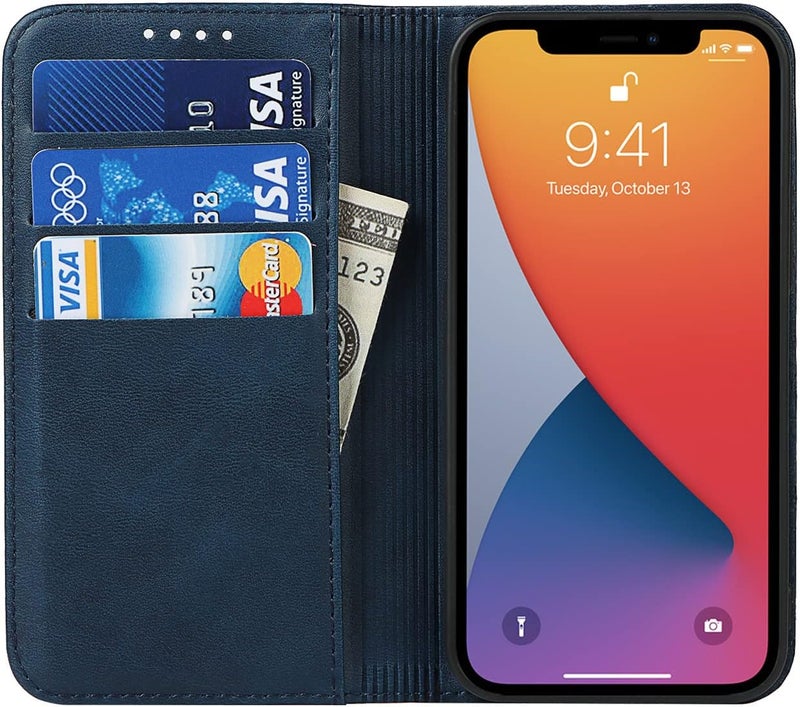 iCoverCase for iPhone 13 Wallet Case with Card Holder, PU Leather Magnetic Kickstand Feature Shockproof Protective Flip Cover Case - Blue - Image 2