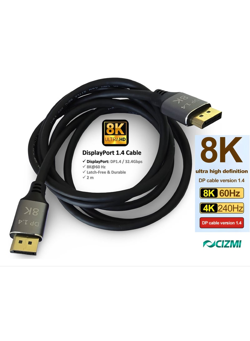 سيزمي ✦ كابل DisplayPort 1.4 بدقة 8K بطول 2 متر | يدعم 8K@60Hz و4K@240Hz بمعدل تحديث عالٍ | HDR وG-Sync وHDCP | سرعة 32.4Gbps | موصلات مطلية بالذهب | DisplayPort إلى DisplayPort | متوافق مع الشاشات الاحترافية وأجهزة الكمبيوتر وبطاقات الرسومات | بطول 2 متر - Image 1