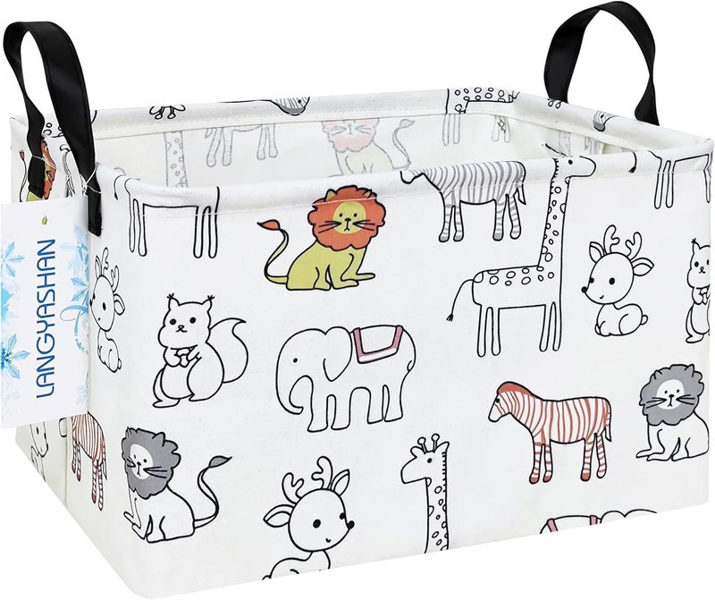 LANGYASHAN Rectangular Storage Bin Collapse Canvas Fabric Cartoon Storage Basket with Handles for Organizing Home Kitchen Boys and Girls Toys Office Closet Shelf Baskets (Rec Simplified Zoo) - Image 1