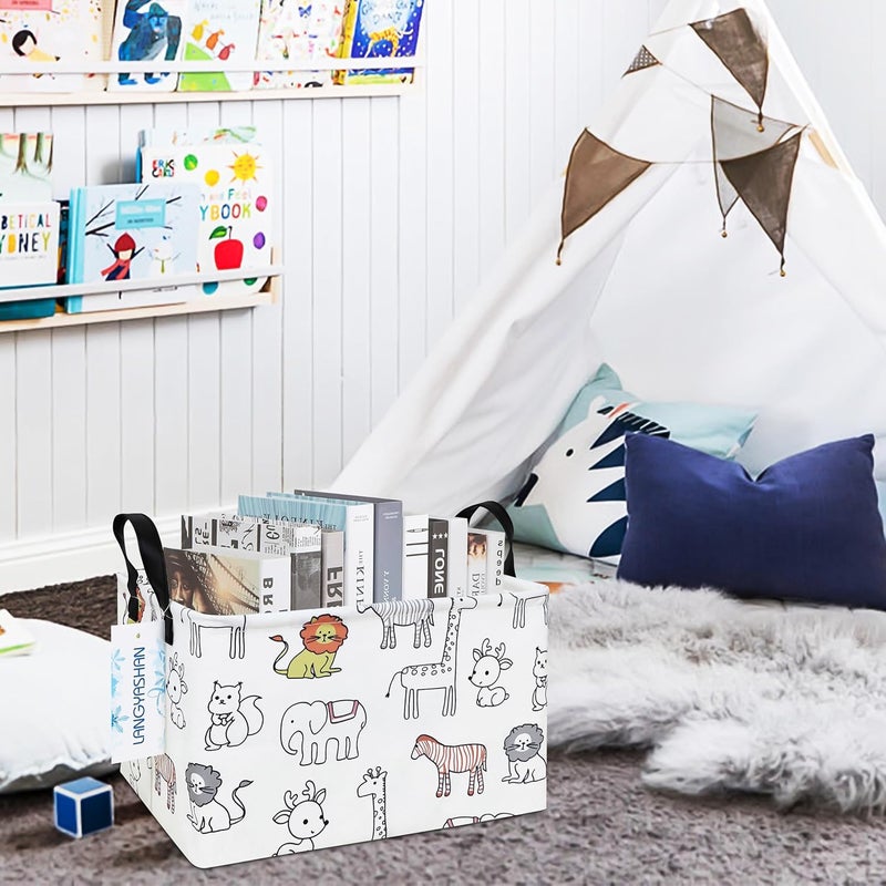 LANGYASHAN Rectangular Storage Bin Collapse Canvas Fabric Cartoon Storage Basket with Handles for Organizing Home Kitchen Boys and Girls Toys Office Closet Shelf Baskets (Rec Simplified Zoo) - Image 4