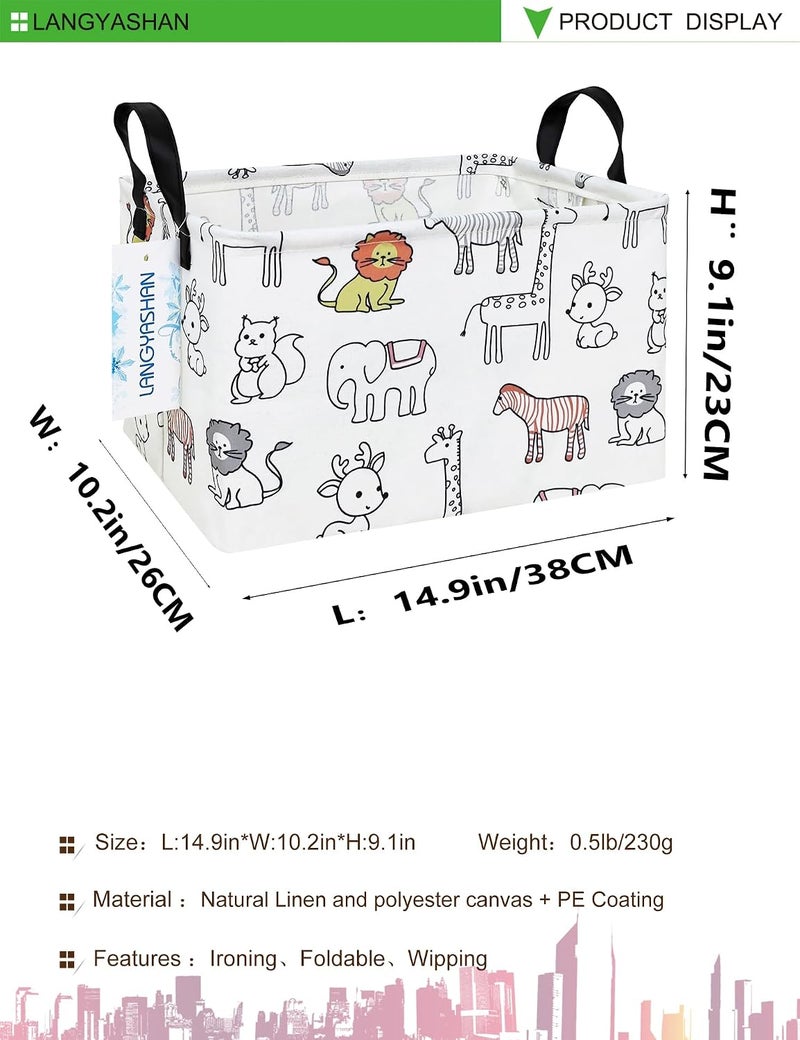 LANGYASHAN Rectangular Storage Bin Collapse Canvas Fabric Cartoon Storage Basket with Handles for Organizing Home Kitchen Boys and Girls Toys Office Closet Shelf Baskets (Rec Simplified Zoo) - Image 2