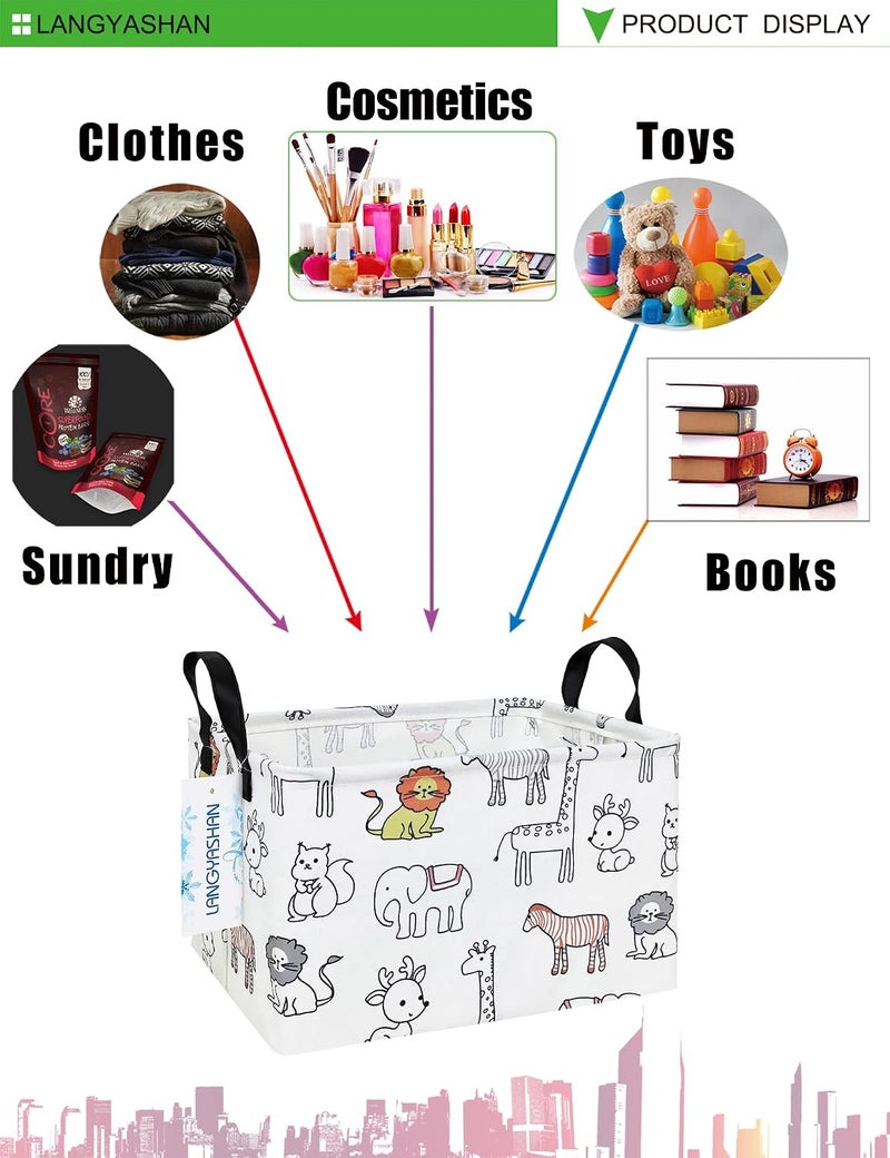 LANGYASHAN Rectangular Storage Bin Collapse Canvas Fabric Cartoon Storage Basket with Handles for Organizing Home Kitchen Boys and Girls Toys Office Closet Shelf Baskets (Rec Simplified Zoo) - Image 3