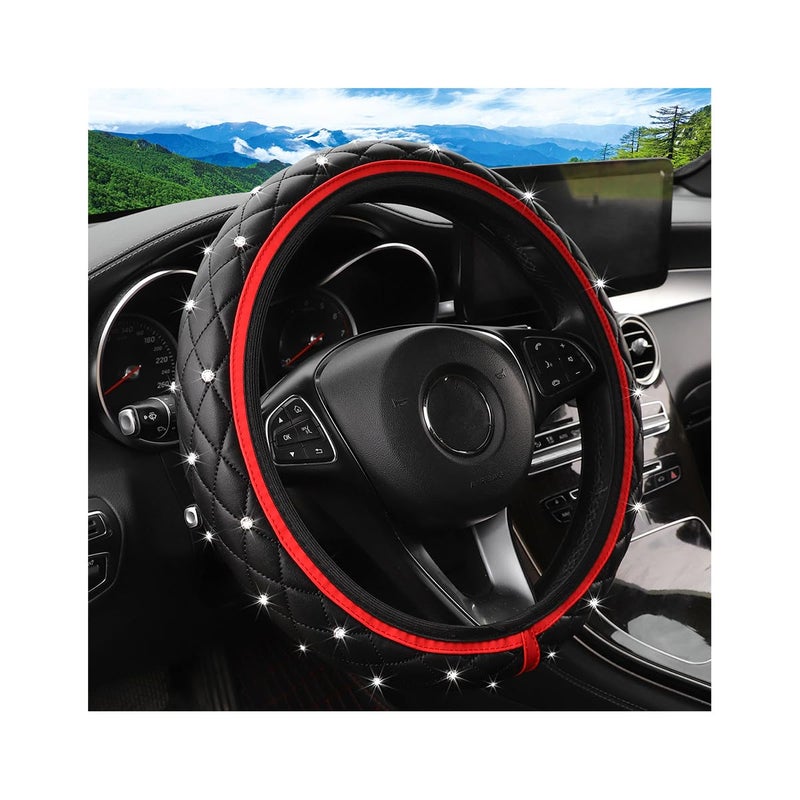 KHGUZ Bling Car Steering Wheel Cover NonSlip Elastic Stretch Leather Auto Steering Wheel Protector Sparkling Diamond Vehicle Decor Accessories for Women Girls Universal for Vehicles Red - Image 2