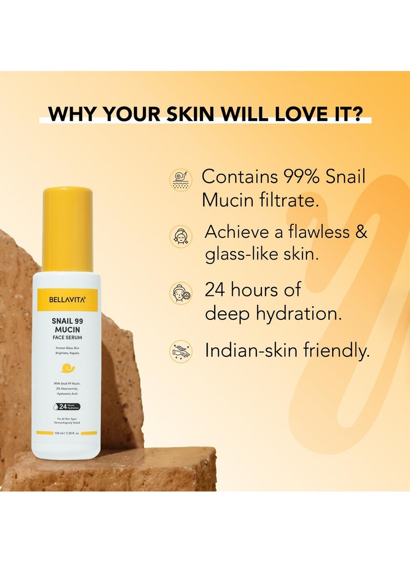 BELLAVITA Snail 99 Mucin Face Serum,with 5% Niacinamide & HA | K Beauty | 24 Hr Hydration | Improves Skin Texture | Brightens Skin |Korean Skincare| For All Skin Types | 100 ml  - Image 2