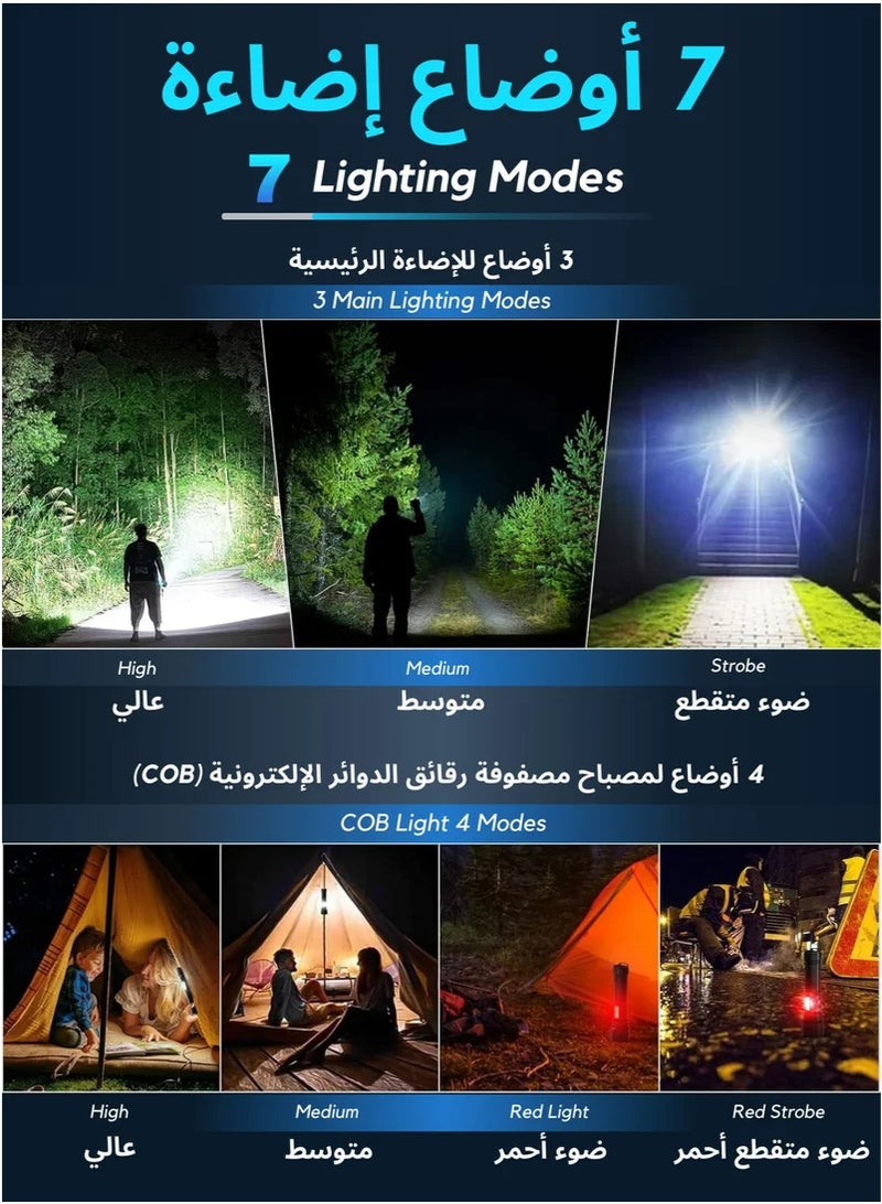 مصباح يدوي للتخييم | 7 أوضاع إضاءة عالية اللومن مقاومة للماء والصدمات | 1000 متر زوومابلي 30 واط LED ملحقات التخييم | بطارية قابلة للشحن بقدرة 5000 مللي أمبير في الساعة للاستخدام لمدة تصل إلى 10 ساع - Image 2