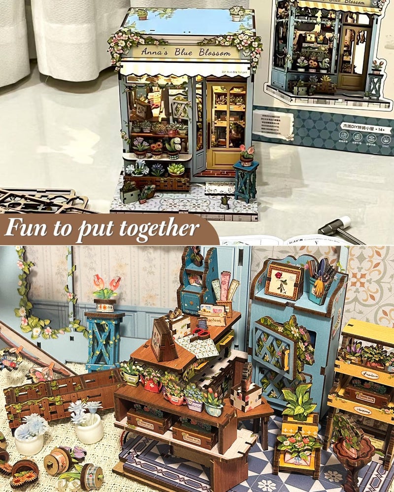 كيوت بي طقم ركن الكتاب - طقم بيت مصغر DIY طقم بيت الدمى للكبار، زينة رف الكتب بيت صغير طقم لغز خشبي ثلاثي الأبعاد، هدايا للعائلة والأصدقاء (زهرة آنا الزرقاء) - Image 3
