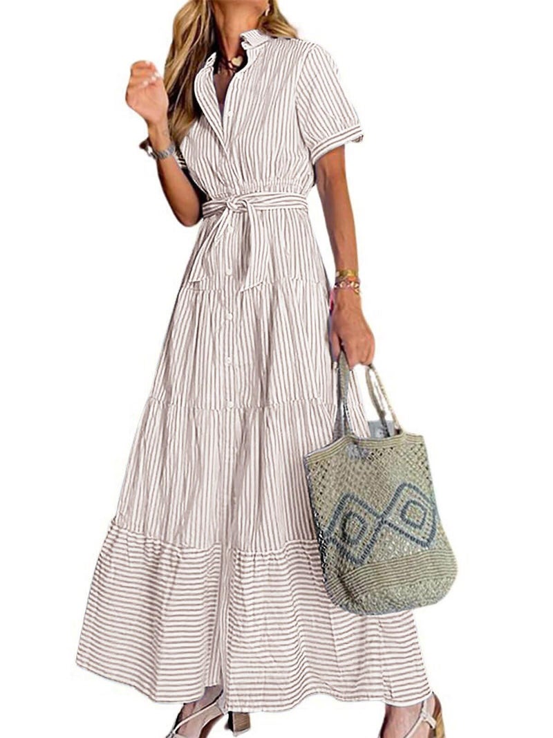 utcoco Womens Casual Short Sleeve Button Down Tie Waist Ruffled Striped Maxi Shirt Dress (X-Large, Khaki) - Image 1