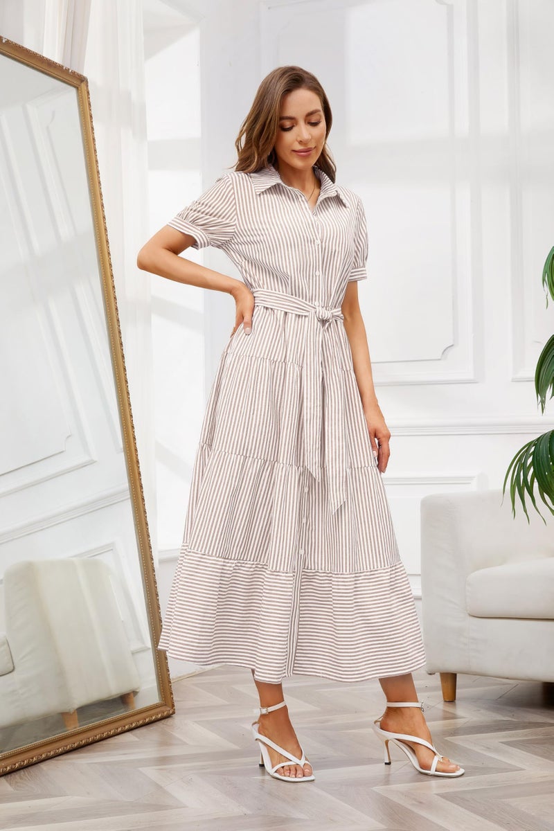 utcoco Womens Casual Short Sleeve Button Down Tie Waist Ruffled Striped Maxi Shirt Dress (X-Large, Khaki) - Image 4