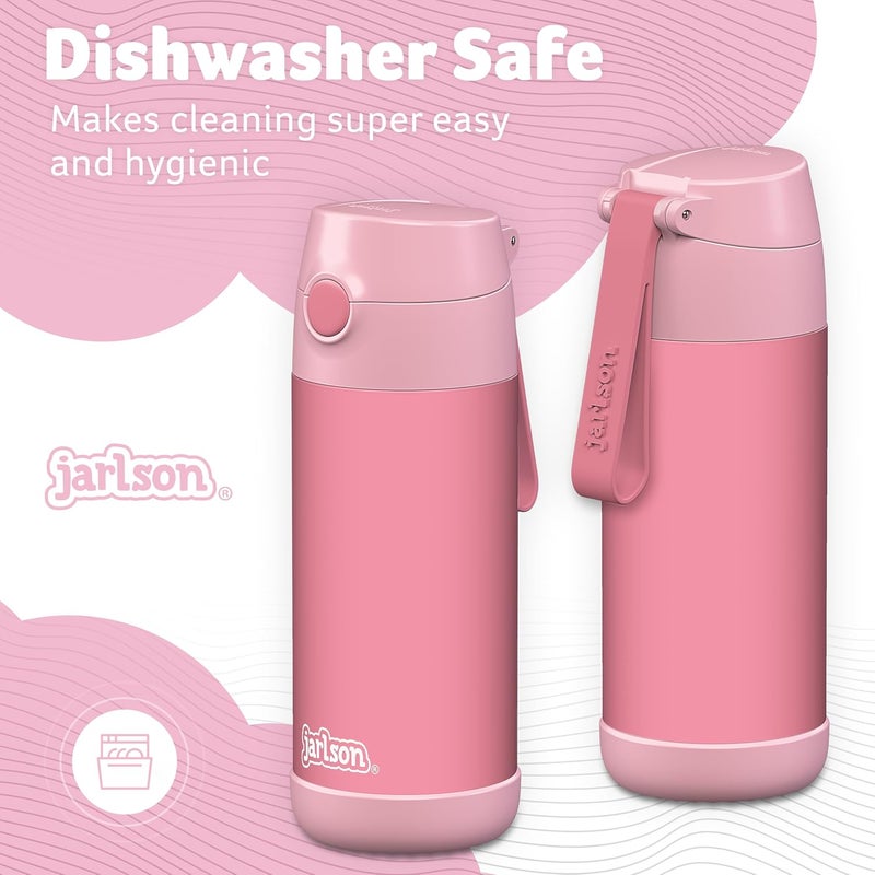 Jarlson قارورة مياه حرارية أطفال جارلسون شارلي 350 مل [مع قشة] - قارورة فولاذية مقاومة للصدأ - ترمس للأطفال والبنات - تحافظ على البرودة - خالية من BPA - مثالية للمدرسة والرياضة والسفر (وردي) - Image 3