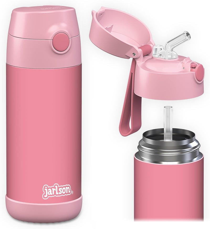 Jarlson قارورة مياه حرارية أطفال جارلسون شارلي 350 مل [مع قشة] - قارورة فولاذية مقاومة للصدأ - ترمس للأطفال والبنات - تحافظ على البرودة - خالية من BPA - مثالية للمدرسة والرياضة والسفر (وردي) - Image 1