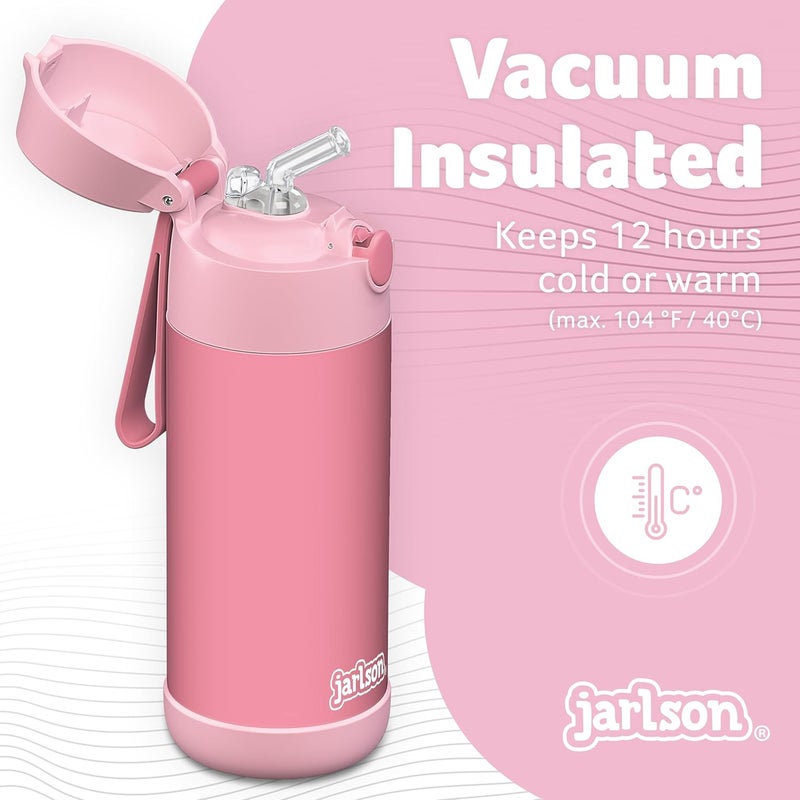 Jarlson قارورة مياه حرارية أطفال جارلسون شارلي 350 مل [مع قشة] - قارورة فولاذية مقاومة للصدأ - ترمس للأطفال والبنات - تحافظ على البرودة - خالية من BPA - مثالية للمدرسة والرياضة والسفر (وردي) - Image 2