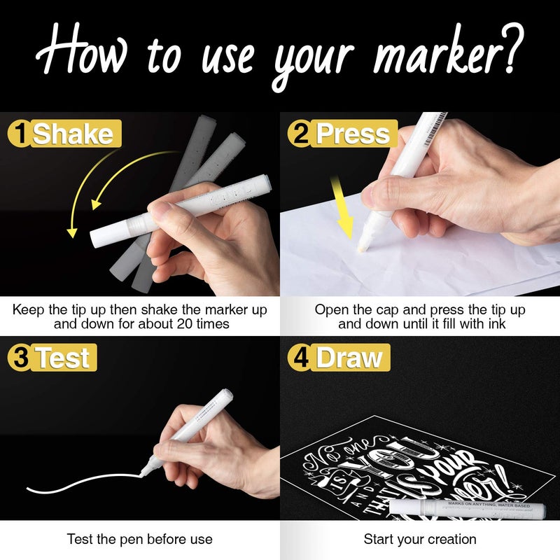 AKARUED White Paint Pen for Art - 8 Pack Acrylic White Paint Marker for Black Paper, Rock, Stone, Wood, Canvas, Glass, Metal, Metallic, Ceramic, Graffiti, Drawing, Water-Based Paint Markers Sets - Image 3