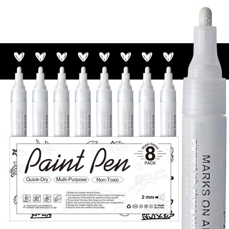 AKARUED White Paint Pen for Art - 8 Pack Acrylic White Paint Marker for Black Paper, Rock, Stone, Wood, Canvas, Glass, Metal, Metallic, Ceramic, Graffiti, Drawing, Water-Based Paint Markers Sets - Image 1