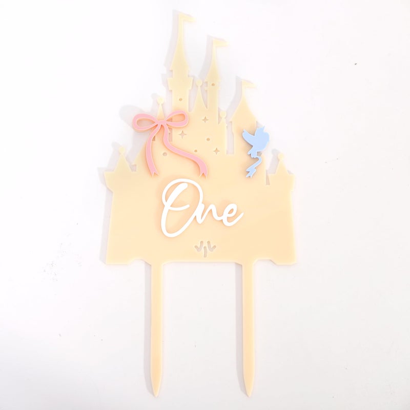 LINGANA Pink Castle One Cake Topper - Little Princess 1st Birthday Decorations,Acrylic Castle Birthday Cake Topper,Princess Wedding First Anniversary Centerpieces,Sweet Magic Party Photo Props (Yellow) - Image 5