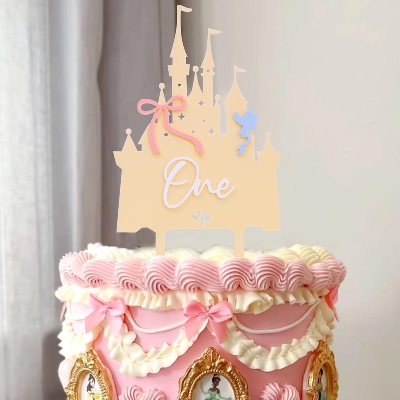LINGANA Pink Castle One Cake Topper - Little Princess 1st Birthday Decorations,Acrylic Castle Birthday Cake Topper,Princess Wedding First Anniversary Centerpieces,Sweet Magic Party Photo Props (Yellow) - Image 3