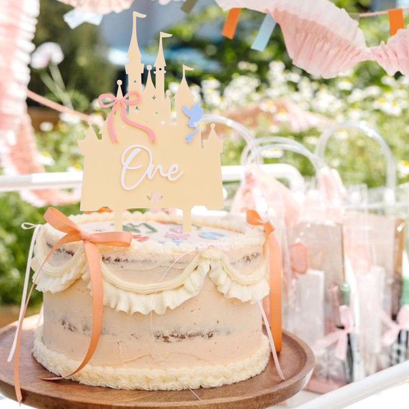 LINGANA Pink Castle One Cake Topper - Little Princess 1st Birthday Decorations,Acrylic Castle Birthday Cake Topper,Princess Wedding First Anniversary Centerpieces,Sweet Magic Party Photo Props (Yellow) - Image 4