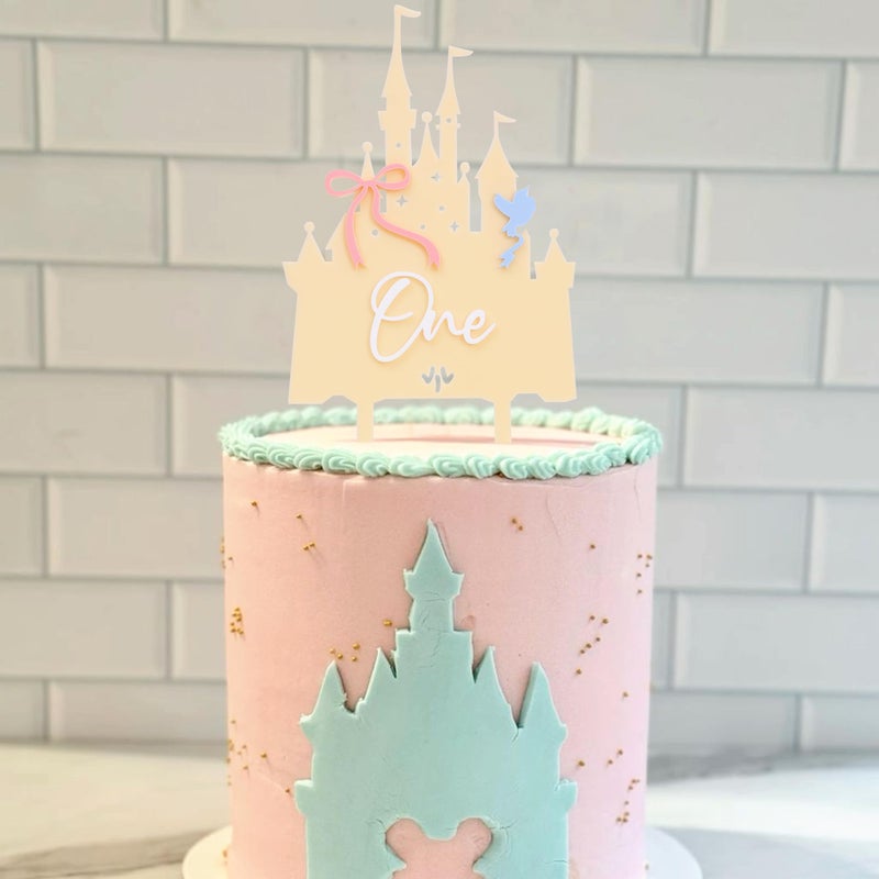 LINGANA Pink Castle One Cake Topper - Little Princess 1st Birthday Decorations,Acrylic Castle Birthday Cake Topper,Princess Wedding First Anniversary Centerpieces,Sweet Magic Party Photo Props (Yellow) - Image 2
