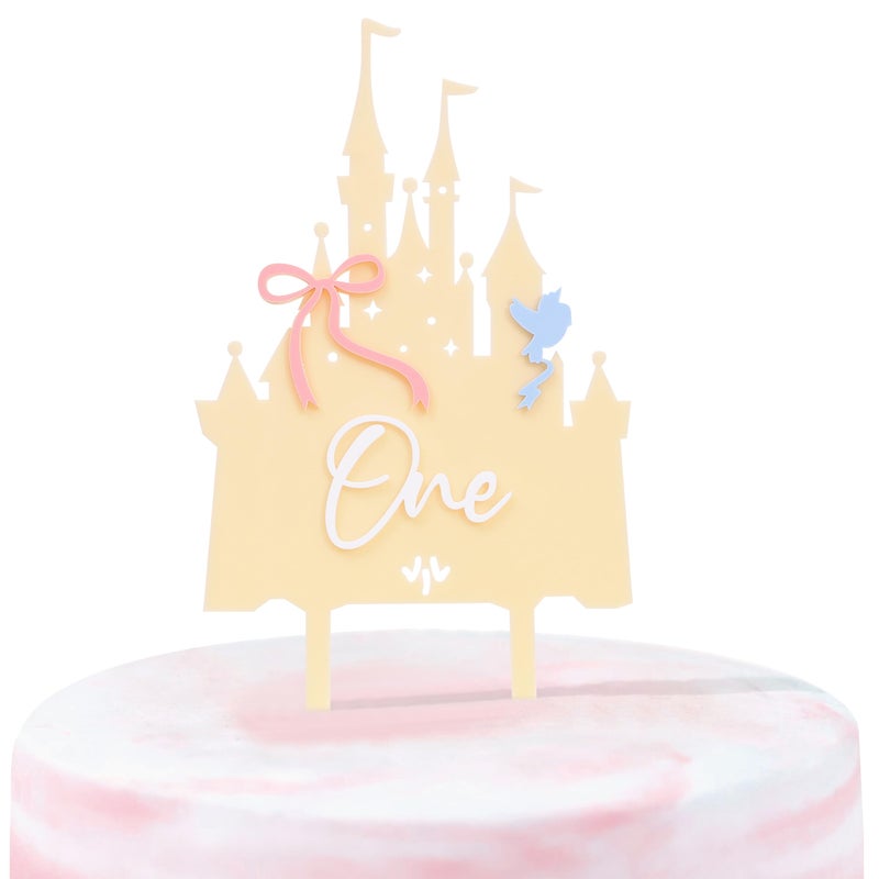 LINGANA Pink Castle One Cake Topper - Little Princess 1st Birthday Decorations,Acrylic Castle Birthday Cake Topper,Princess Wedding First Anniversary Centerpieces,Sweet Magic Party Photo Props (Yellow) - Image 1
