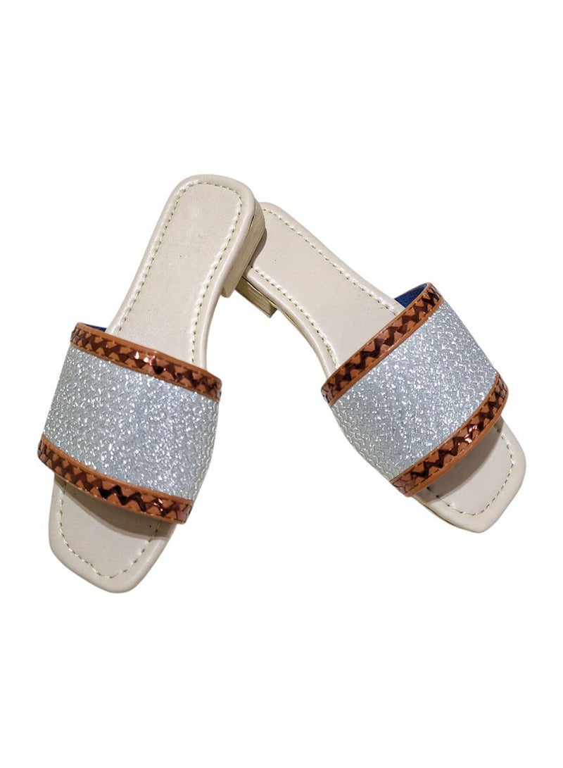 Karisma Flat Squared Toe Slippers With Simple Canvas With Embroidered Upper Strap - Image 1