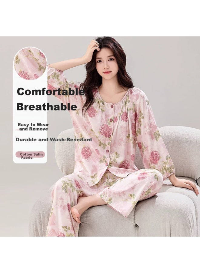 Modal Soft Satin Long Sleeve Pajama Set For Women Spring Autumn New Cardigan And Pants Plus Size Loungewear Suitable For Outdoors - Image 1