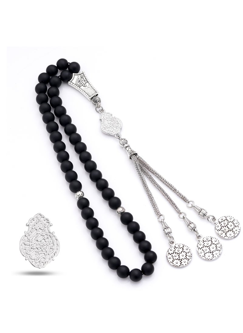 Subhati Prayer Beads (Misbah ) with metal Parts and Onyx Stone | 8 MM Beads - 45 Pcs |Gandeel Writing 5  - Image 1