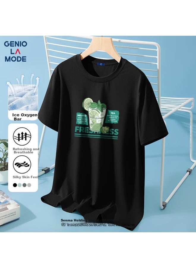 Geniolamode Ice Silk T-shirt For Men, Summer Lightweight Quick-dry Comfortable Breathable Cool-feeling Versatile Short-sleeve Men's Clothing, Black, M - Image 1