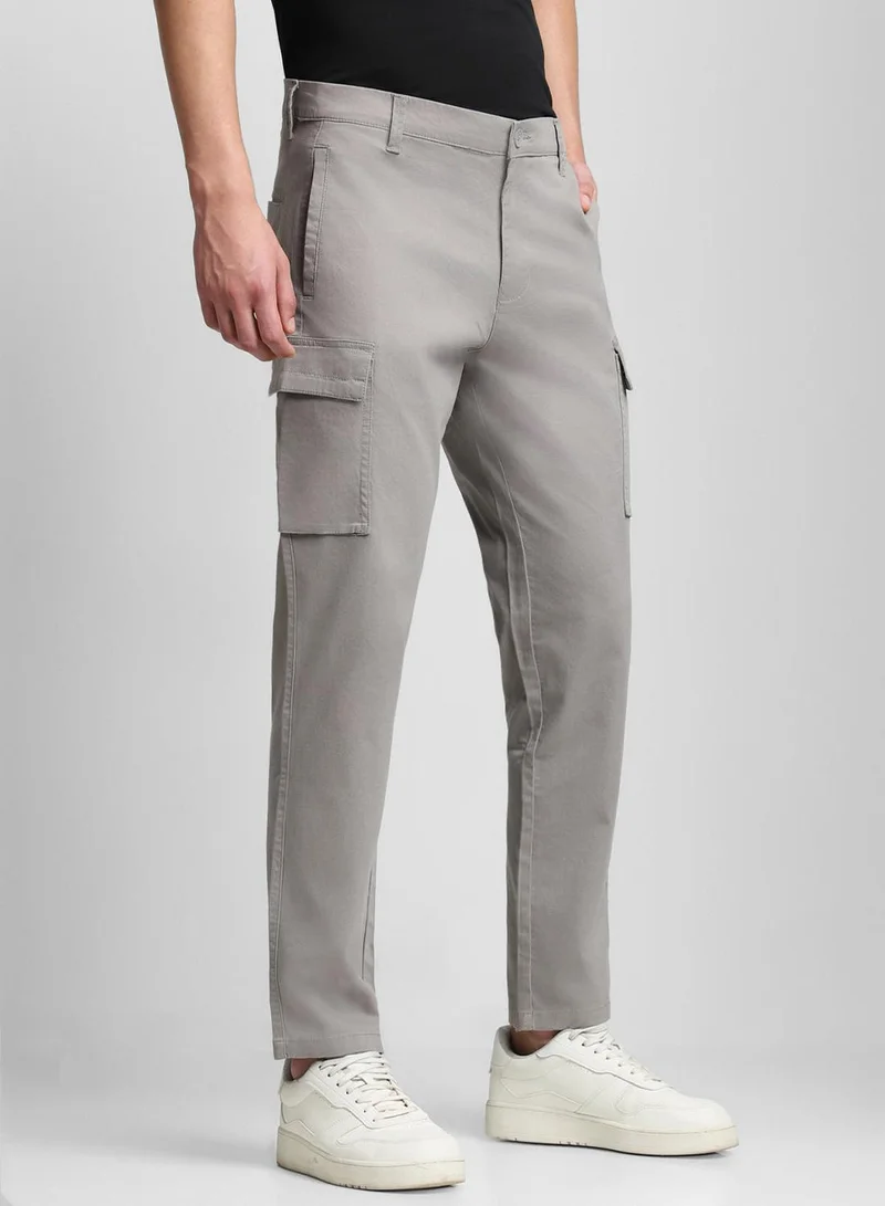 Men'S Mid Grey Cotton Blend Solid Pattern Full Length Cargo Slim Fit Trouser