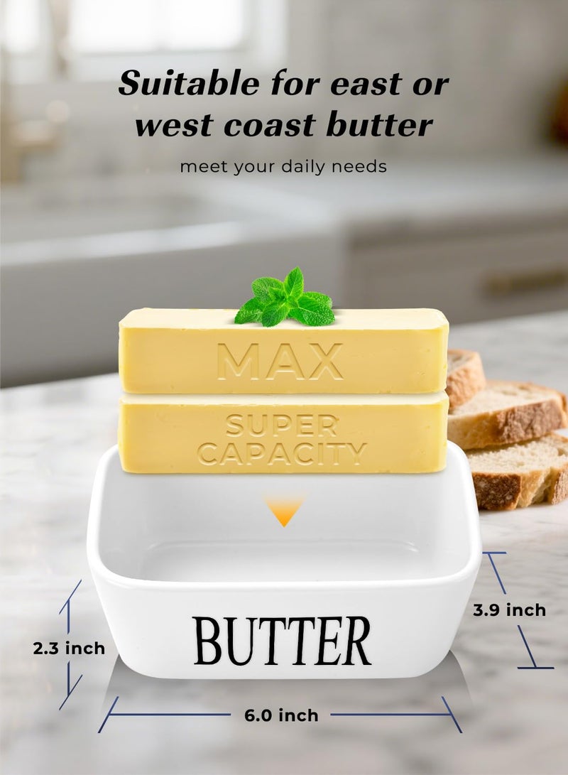 AISBUGUR Butter Dish with Lid, Large Butter Container for Countertop, Ceramic Butter Holder for Counter, Butter Tray Butter Keeper with Knife and Sponge Scrubber, Perfect for 2 Sticks of Butter, White - Image 2