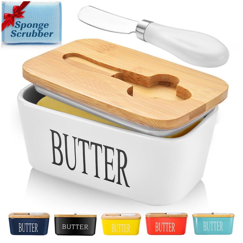 AISBUGUR Butter Dish with Lid, Large Butter Container for Countertop, Ceramic Butter Holder for Counter, Butter Tray Butter Keeper with Knife and Sponge Scrubber, Perfect for 2 Sticks of Butter, White - Image 1
