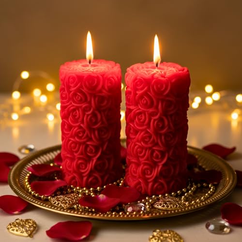 Shraddha Creation Scented Candles For Home Decor, Rose Fragrance, Pillar Shape, Red Color, Set Of 2, 5.5 X 10.5 Cm - Wax - Image 3