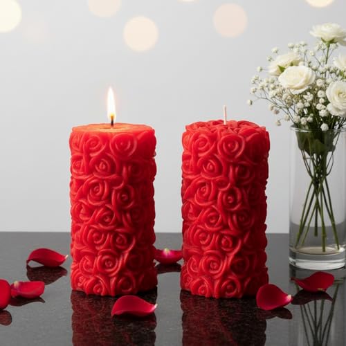 Shraddha Creation Scented Candles For Home Decor, Rose Fragrance, Pillar Shape, Red Color, Set Of 2, 5.5 X 10.5 Cm - Wax - Image 5