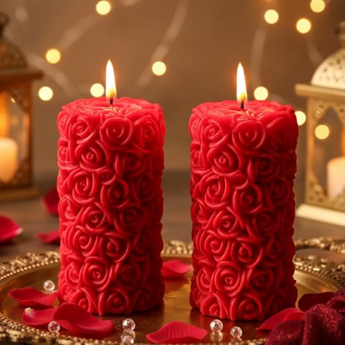 Shraddha Creation Scented Candles For Home Decor, Rose Fragrance, Pillar Shape, Red Color, Set Of 2, 5.5 X 10.5 Cm - Wax - Image 4