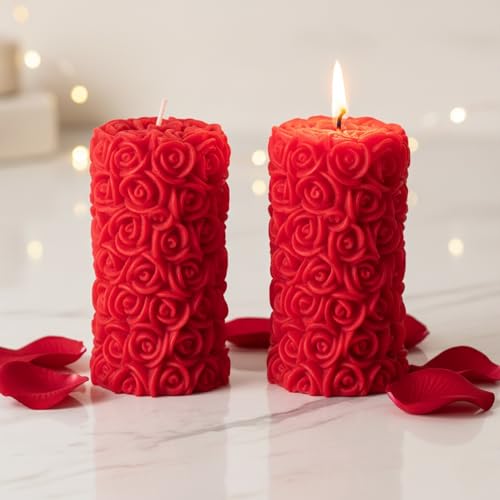 Shraddha Creation Scented Candles For Home Decor, Rose Fragrance, Pillar Shape, Red Color, Set Of 2, 5.5 X 10.5 Cm - Wax - Image 2