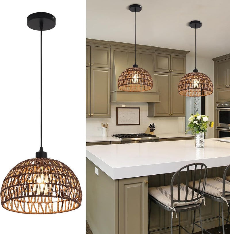 Garwarm Gawarm Chandelier Rattan nature ceiling lamp Pendant Lamp Boho Light Fixtures ceiling light ceiling lampshade Lighting Hanging Light for Farmhouse Kitchen Living Room Bar E27 (31x 20cm/coffee) - Image 1