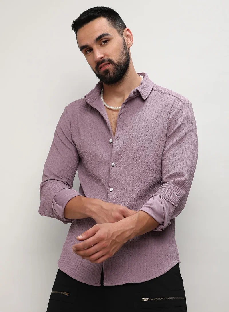 Campus Sutra Men's Lavender Stripe-Creased Shirt For Casual Wear | Spread Collar | Long Sleeves | Button Closure | Shirt Crafted With Comfort Fit For Everyday Wear