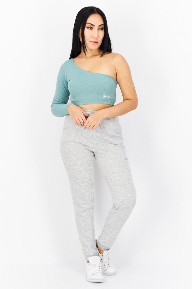 Ryder Act Women Asymmetrical One Shoulder Brand Logo Crop Top, Mid Green - Image 3