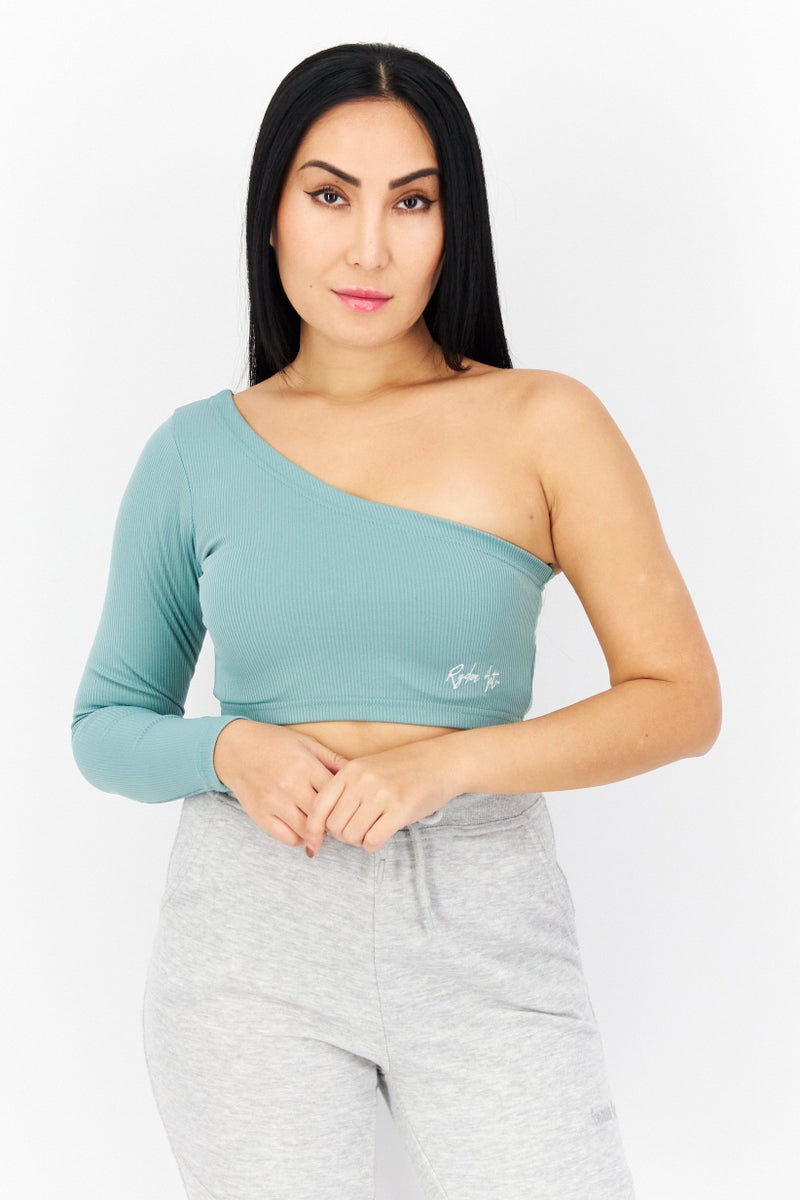 Ryder Act Women Asymmetrical One Shoulder Brand Logo Crop Top, Mid Green - Image 1
