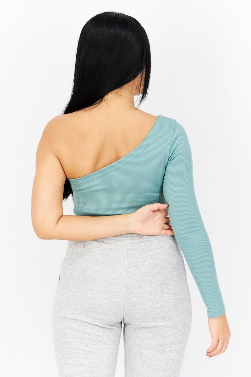 Ryder Act Women Asymmetrical One Shoulder Brand Logo Crop Top, Mid Green - Image 4