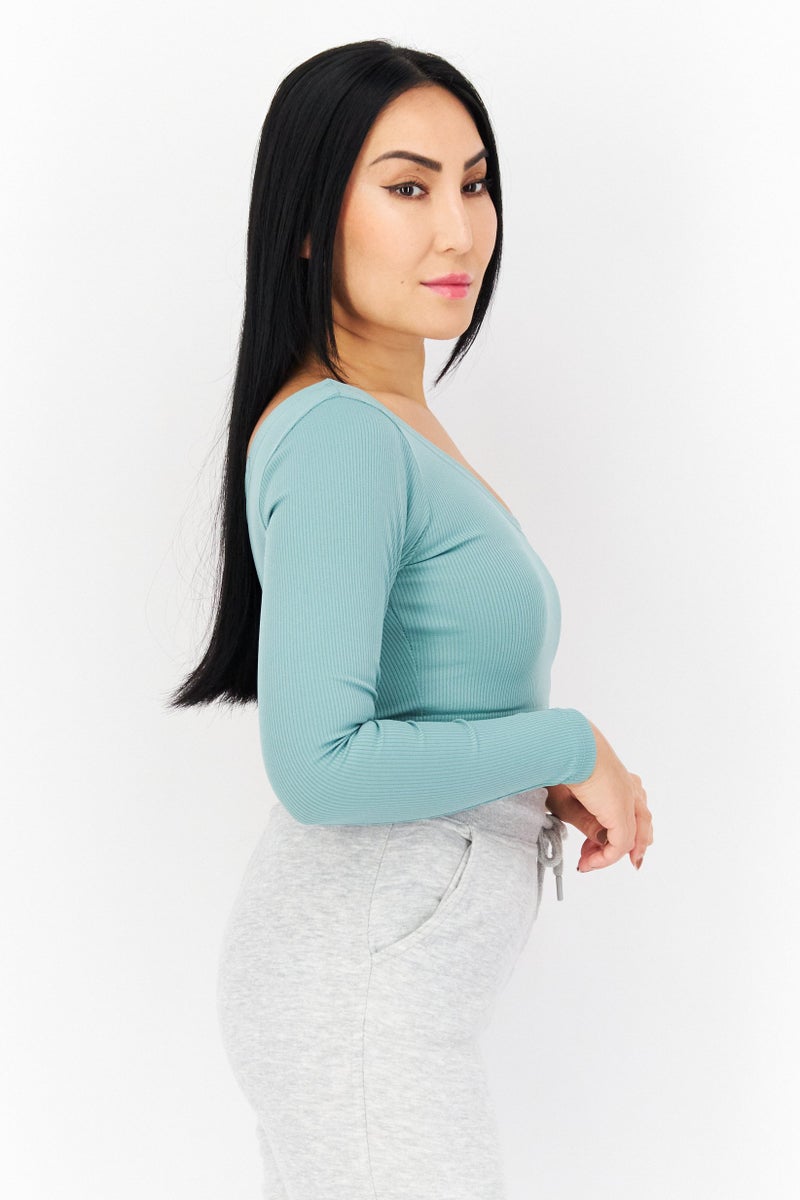Ryder Act Women Asymmetrical One Shoulder Brand Logo Crop Top, Mid Green - Image 2